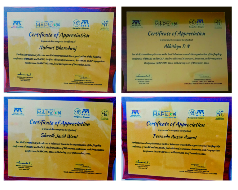 Certificate of Appreciation – MAPCON 2022 IEEE MTT-S Bangalore Chapter