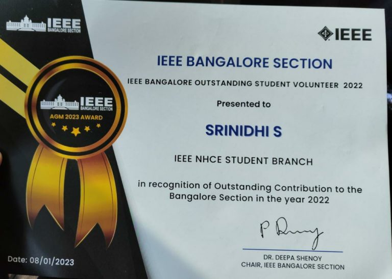 IEEE Bangalore Section Outstanding Student Volunteer Certificate – Srinidhi S, NHCE