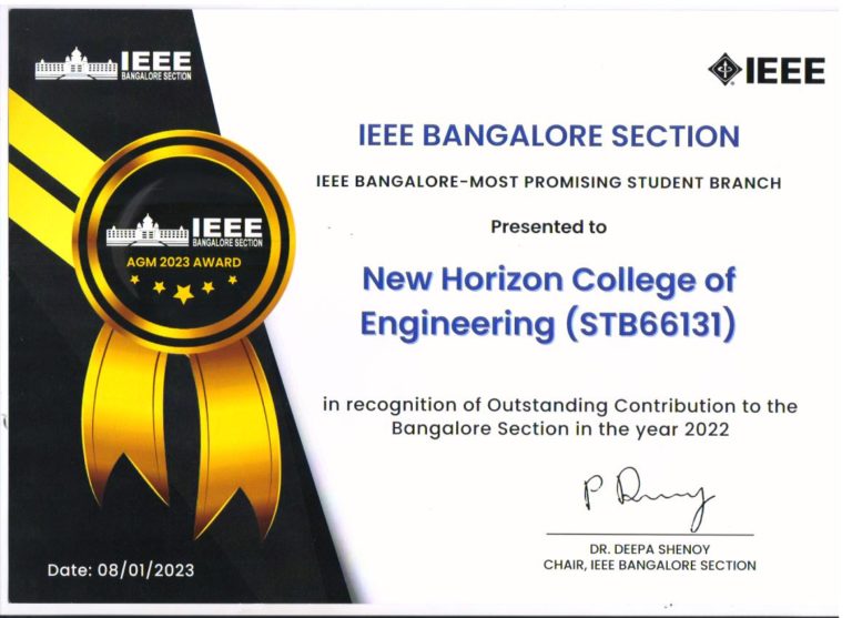 IEEE Bangalore – Most Promising Student Branch Certificate presented to New Horizon College of Engineering