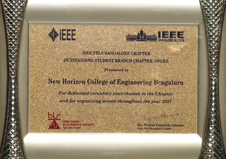 IEEE PELS Bangalore Chapter Outstanding Student Branch Chapter Award plaque – NHCE 2021