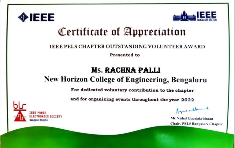 Certificate of Appreciation – IEEE PELS Chapter Outstanding Volunteer Award – Ms. Rachna Palli