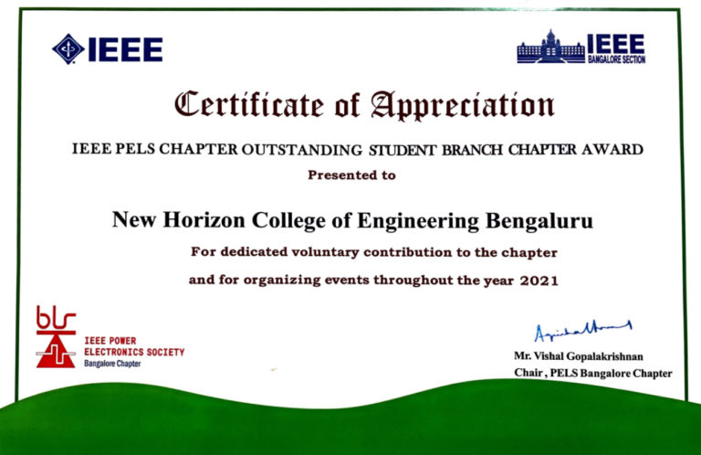 Certificate – IEEE PELS Outstanding Student Branch Chapter Award 2021, New Horizon College of Engineering
