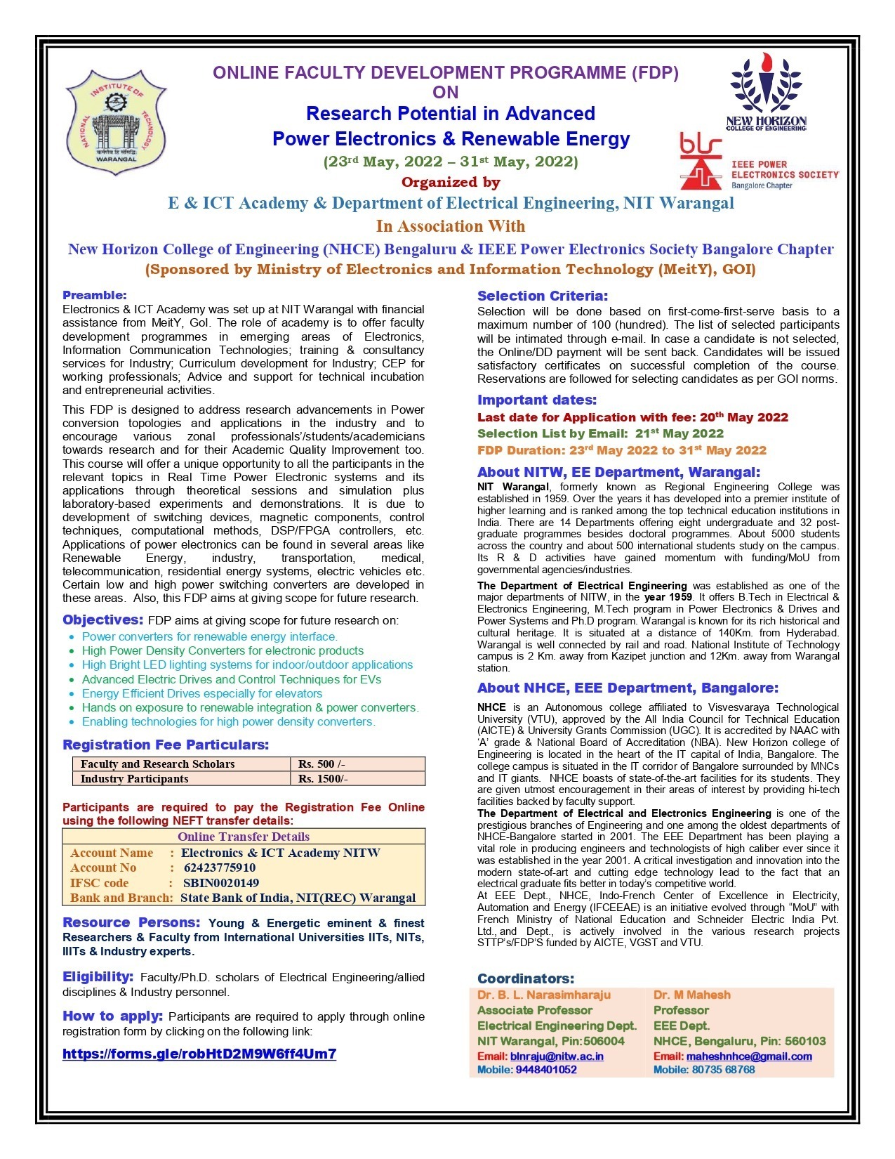 Faculty Development Programme on “Research Potential in Advanced Power ...